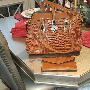 Brand New Chic Brown Crocodile Pattern Satchel with Wallet